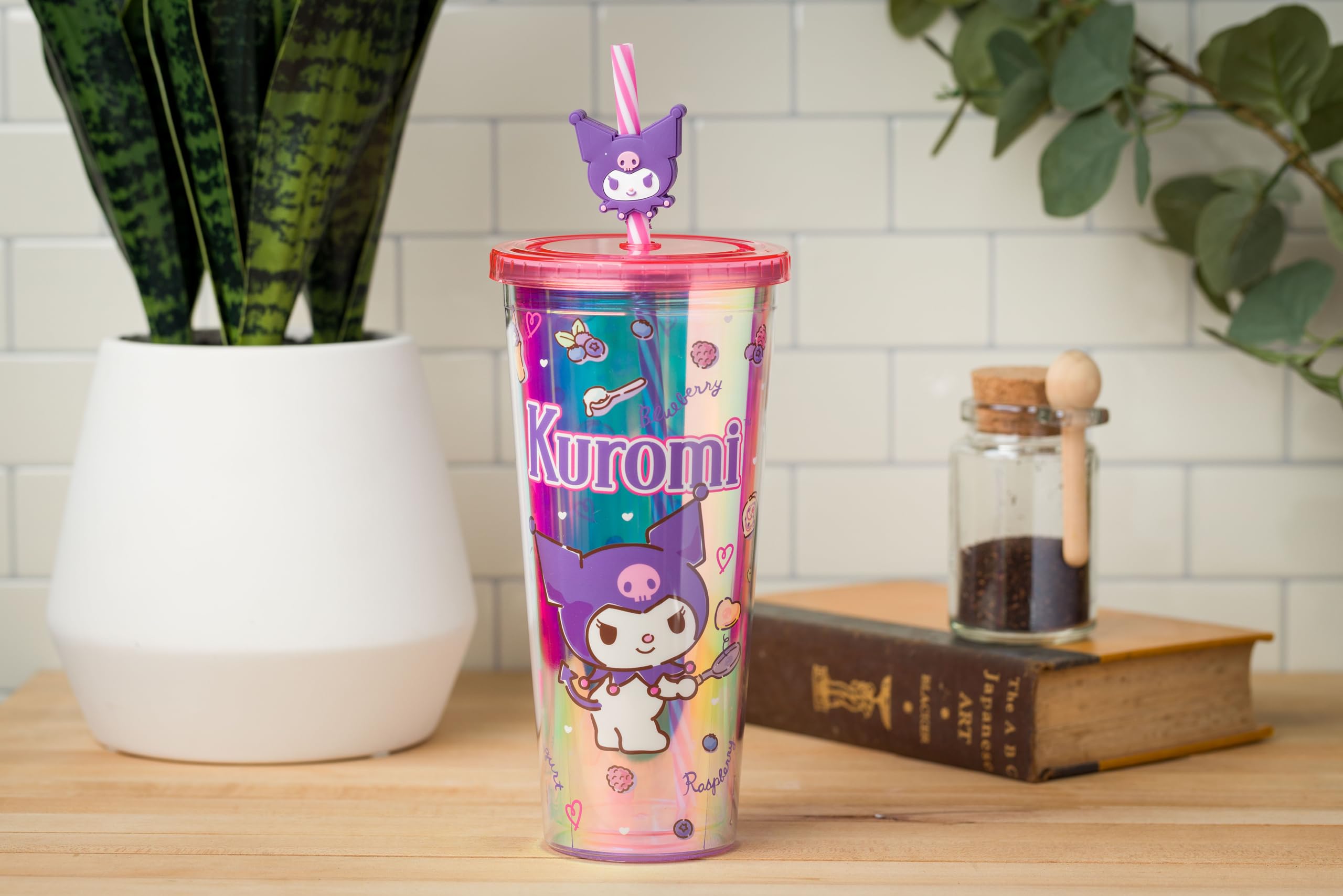 Silver Buffalo Sanrio Hello Kitty and Friends Kuromi Iridescent Plastic Cold Cup with Lid and Straw Topper, 24 Ounces