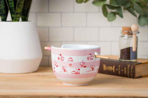 Silver Buffalo Sanrio Hello Kitty Strawberry Milk Pattern Ceramic Ramen Noodle Rice Bowl with Chopsticks, Microwave Safe, 20 Ounces