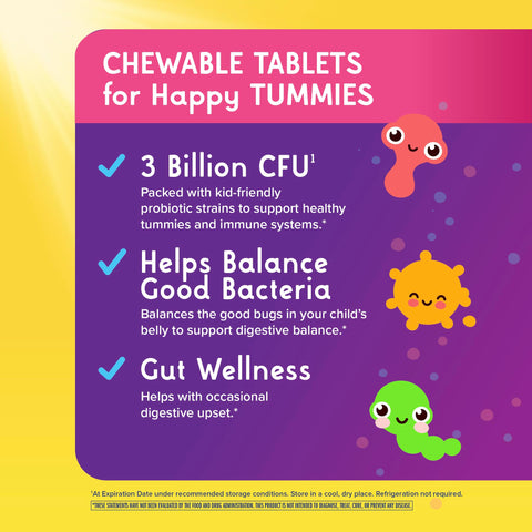Renew Life Kids Probiotic Chewables, Supports Digestive & Immune Health, Prebiotics & Probiotics, Raspberry, 30 Chewable Tablets