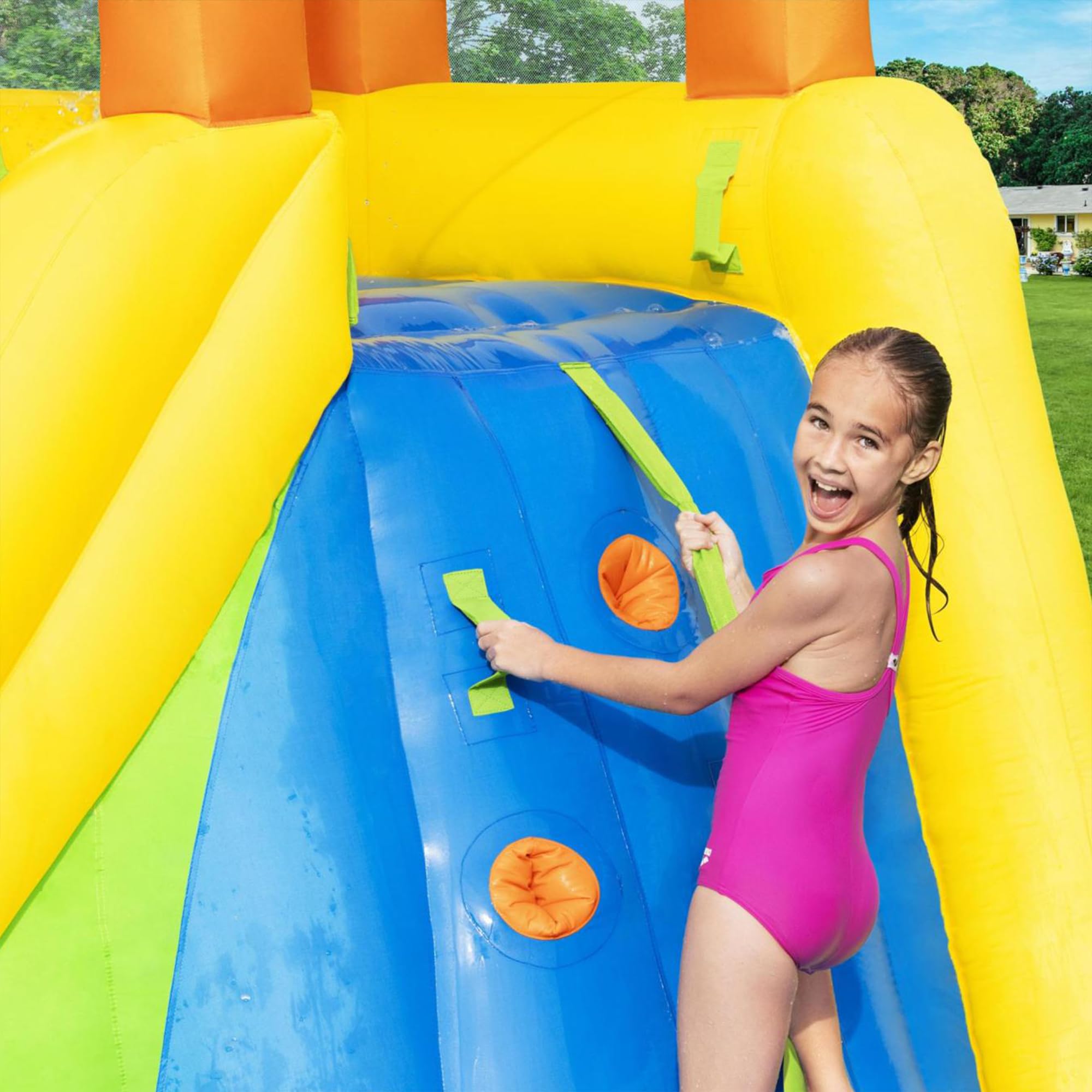 Bestway H2OGO Mount Splashmore Kids Inflatable Outdoor Backyard Water Slide Splash Park with Climbing Wall, Slide, Splash Zone, and Spray Blaster