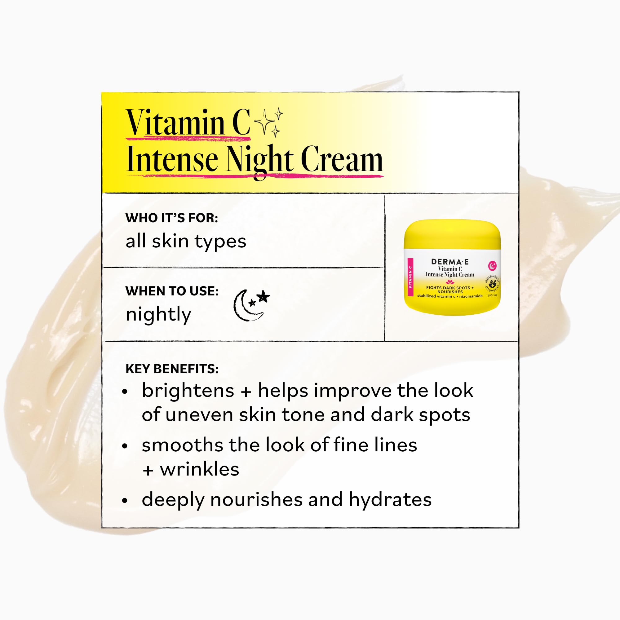 DERMA-E Vitamin C Intense Night Cream, 2 Oz, Brightening and Hydrating Facial Skin Renewing Cream, Anti-Aging Overnight Face Moisturizer for Skincare and Youthful Radiance