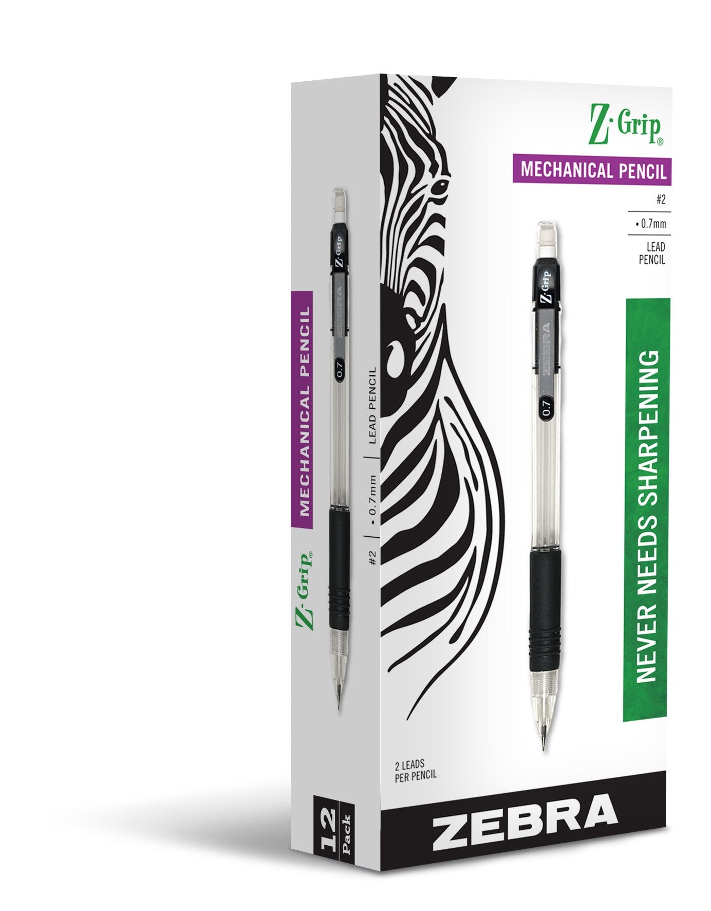 Zebra Pen Z-Grip Mechanical Pencil, 0.7mm Point Size, HB #2 Graphite, Clear Pearlescent Barrel with Black Grip, School Supplies and Teacher Supplies, 12-Pack (52410)