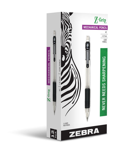 Zebra Pen Z-Grip Mechanical Pencil, 0.7mm Point Size, HB #2 Graphite, Clear Pearlescent Barrel with Black Grip, School Supplies and Teacher Supplies, 12-Pack (52410)
