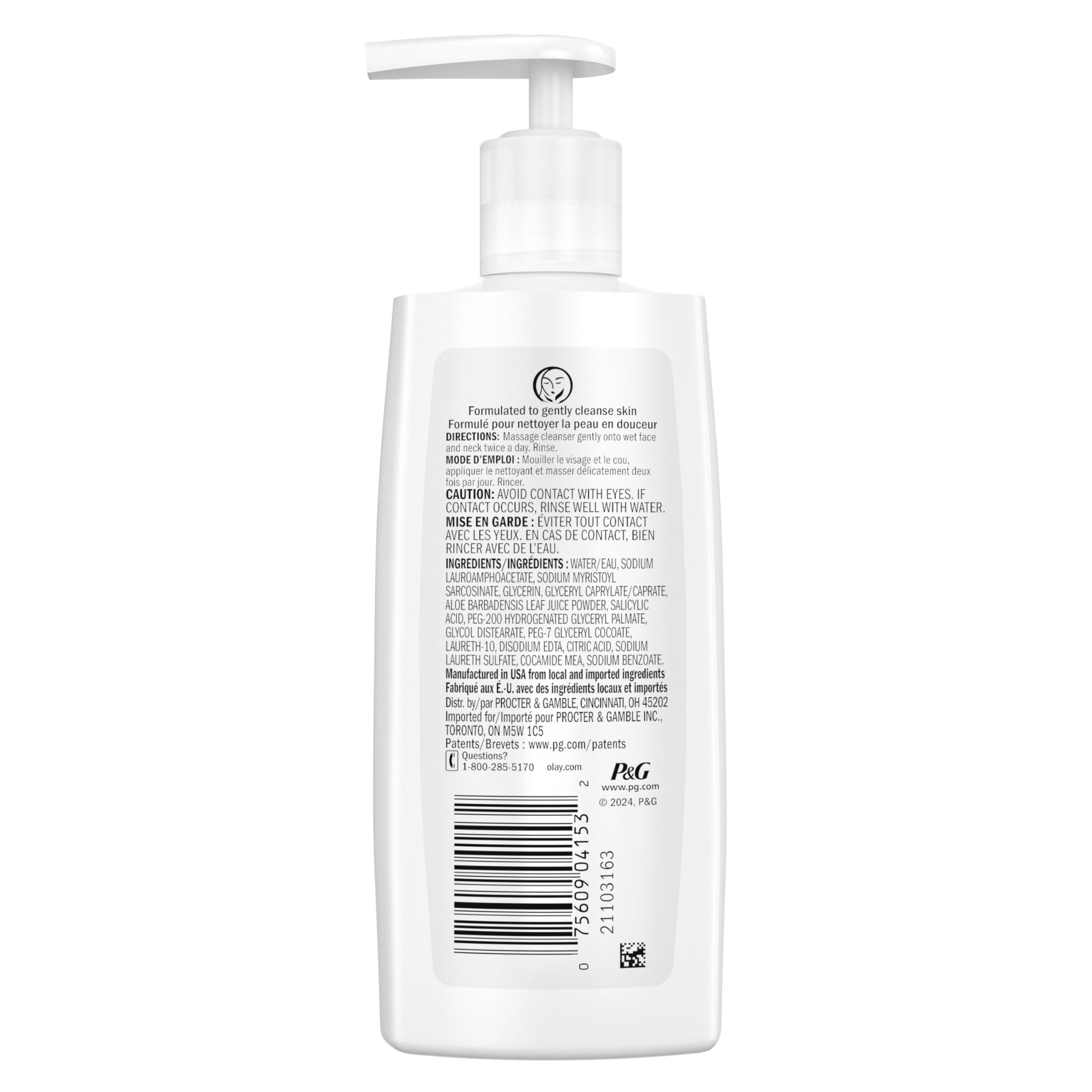 Olay Face Cleanser, Gentle Foaming Face Wash for Sensitive Skin - Fragrance-Free, Oil-Less, Soap-Free, Glycerin-Based Formula, Daily Cleansing without Irritation, 6.7 Oz - 3 Pack