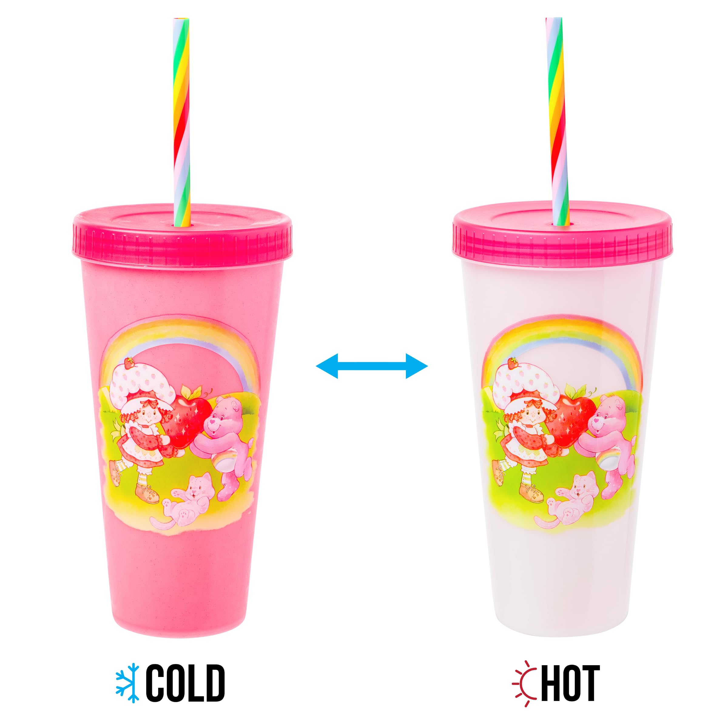 Silver Buffalo Care Bears Strawberry Shortcake Color Change Plastic Tumbler 4 Pack Featuring Orange Blossom Lemon Meringue Cheer Funshine Friend Blueberry Muffin Grumpy, 24 Ounces