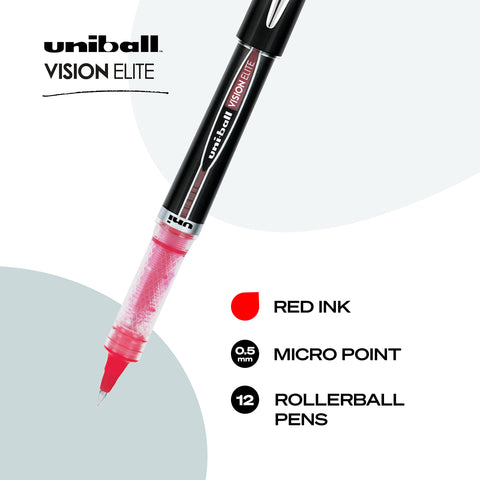 uniball Vision Elite Rollerball Pens, Micro Point (0.5mm), Red, 12 Pack