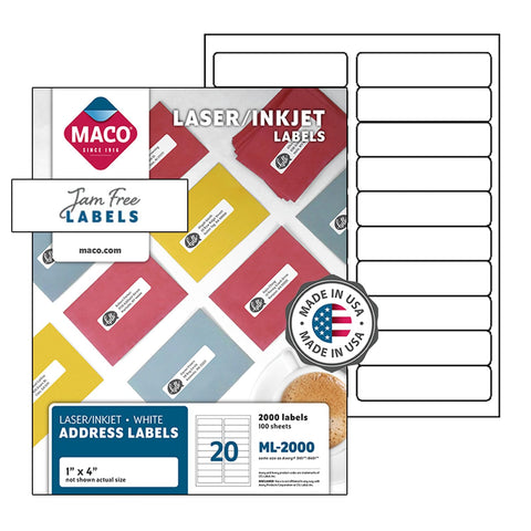 MACO COVER-ALL Printable Labels for Shipping - Laser/Ink Jet Compatible Shipping Labels, 20 per Sheet, 1" x 4", Box of 100 Pages/2000 Labels, White
