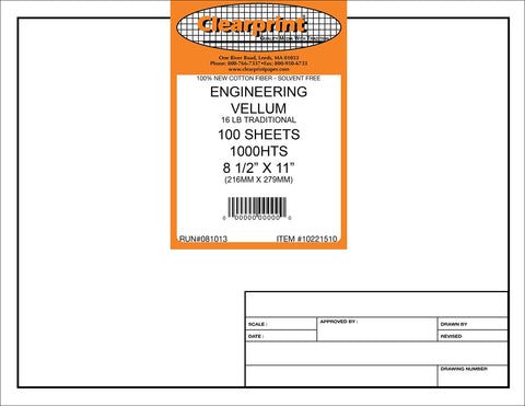 Clearprint 8-1/2" x 11" 1000H Design Vellum Sheets with Engineer Title Block, 16 lb., 100% Cotton, 100 Sheets Per Pack, 1 Each