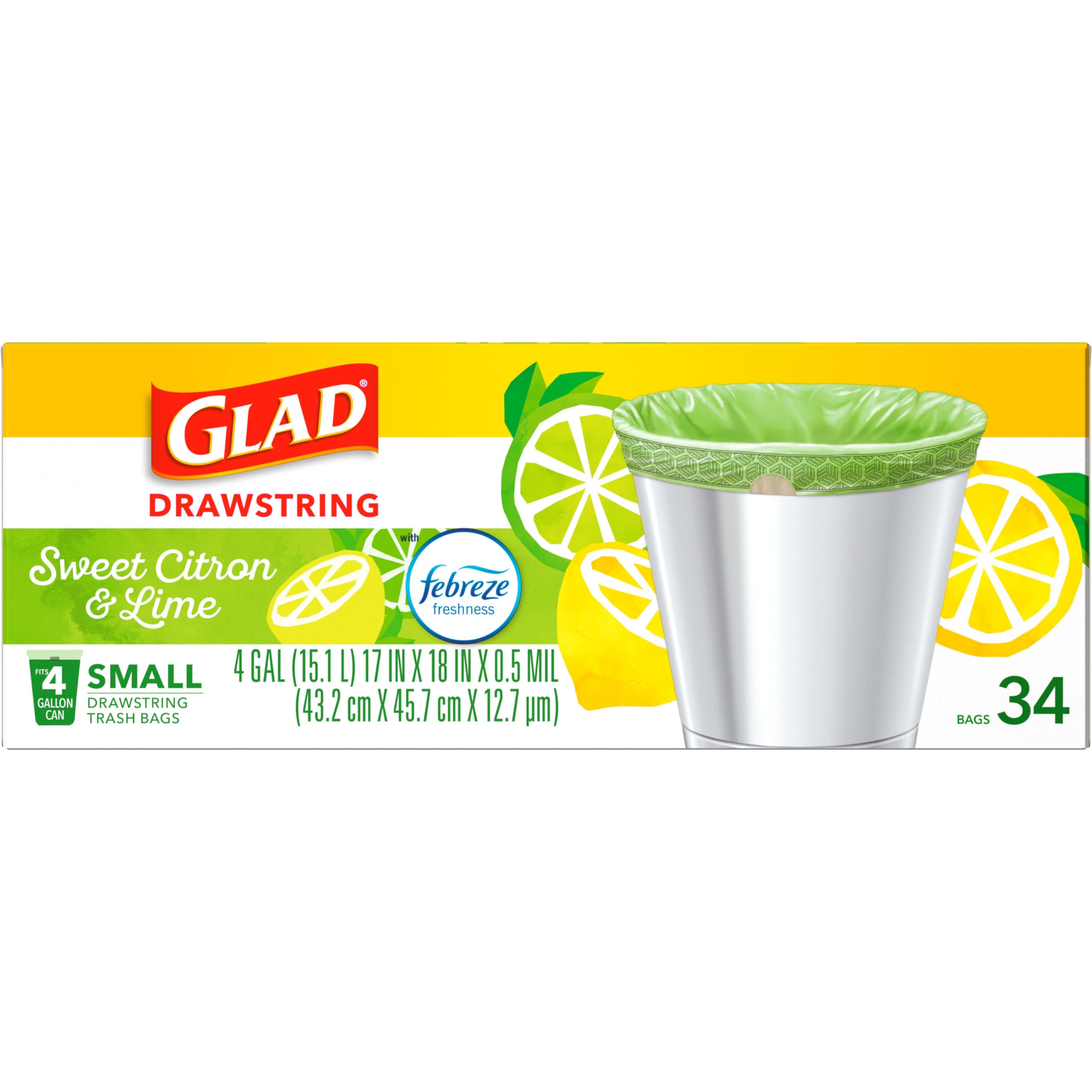 Glad Small Kitchen Drawstring Trash Bags, 4 Gallon, Febreze Sweet Citron & Lime, 34 Count