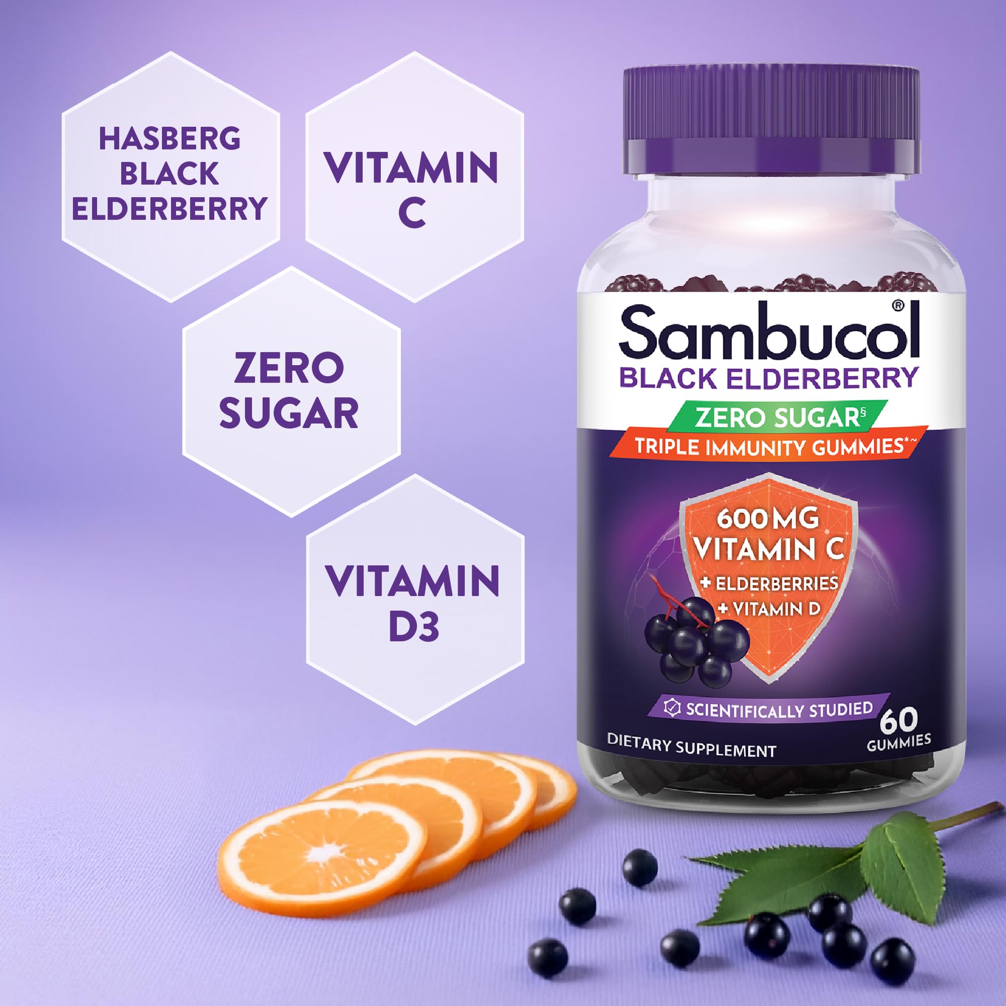 Sambucol Black Elderberry Zero Sugar Triple Immunity Gummies - Daily Vitamin C & Vitamin D, Sugar Free Black Elderberry Gummies for Adults and Kids, Chewable Berry Supplement - 60 Count