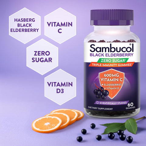 Sambucol Black Elderberry Zero Sugar Triple Immunity Gummies - Daily Vitamin C & Vitamin D, Sugar Free Black Elderberry Gummies for Adults and Kids, Chewable Berry Supplement - 60 Count