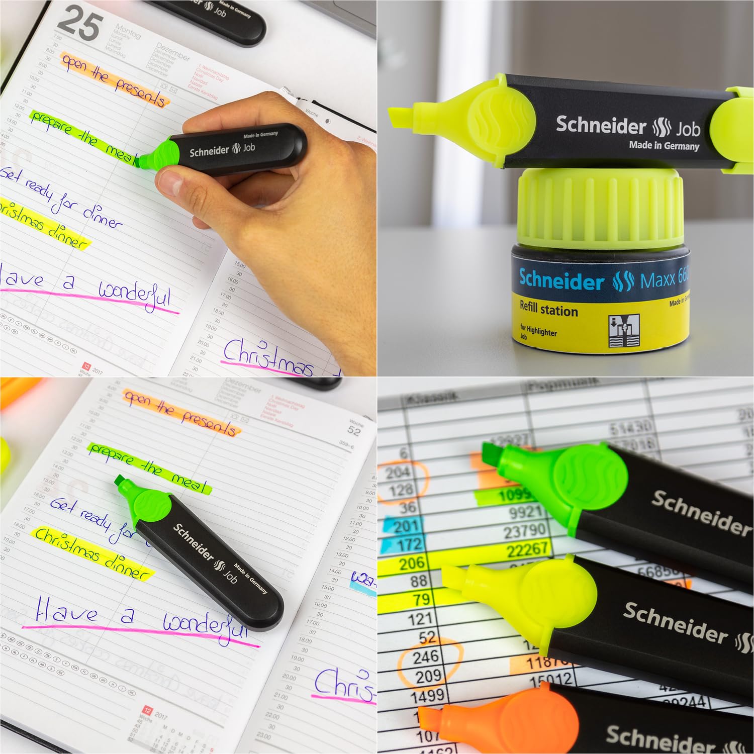 Schneider Job Highlighters, Chisel Tip, 1 + 5 mm, Black Barrel, Assorted Ink Colors, Pack of 4 Highlighters: Orange, Green, Pink, Yellow (1500)