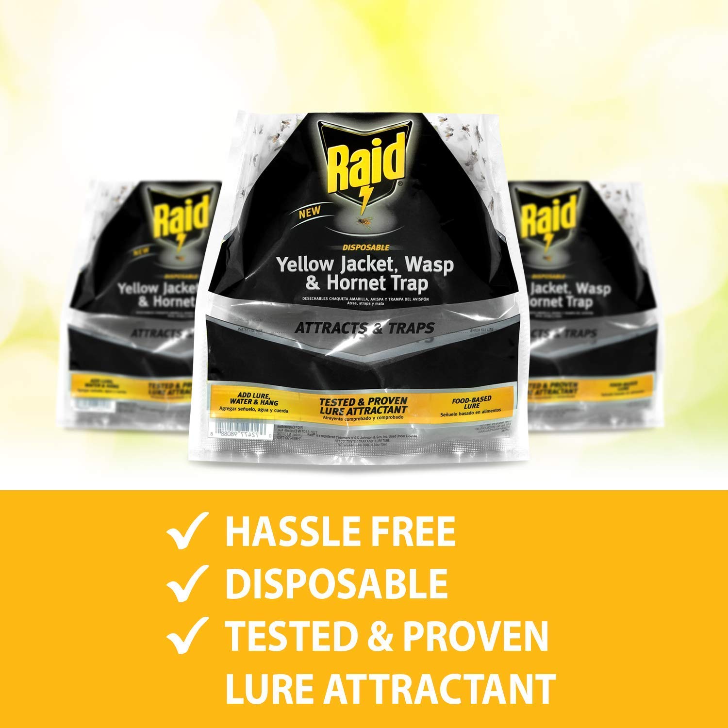 Raid Yellow Jacket, Wasp & Hornet Trap, 3 Pack, Disposable, Convenient, Hanging Fly Trap Bags with Food-Based Lure, No-Spray Outdoor Fly Traps Suitable Defense for Yards, Patios & Campsites