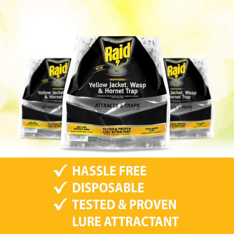 Raid Yellow Jacket, Wasp & Hornet Trap, 3 Pack, Disposable, Convenient, Hanging Fly Trap Bags with Food-Based Lure, No-Spray Outdoor Fly Traps Suitable Defense for Yards, Patios & Campsites