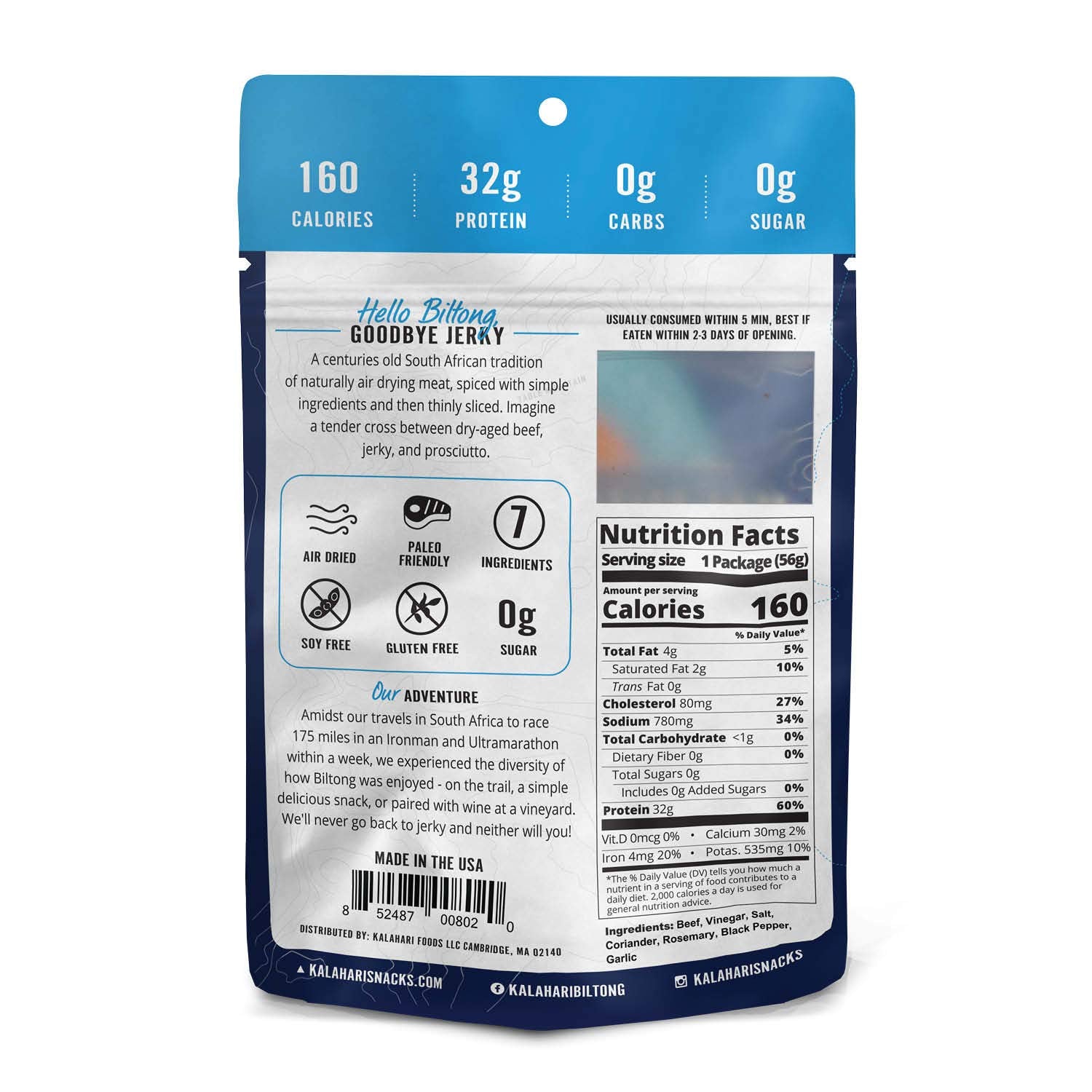 Garlic Kalahari Biltong, Air-Dried Thinly Sliced Beef, 2oz (Pack of 1), Sugar Free, Gluten Free, Keto & Paleo, High Protein Snack