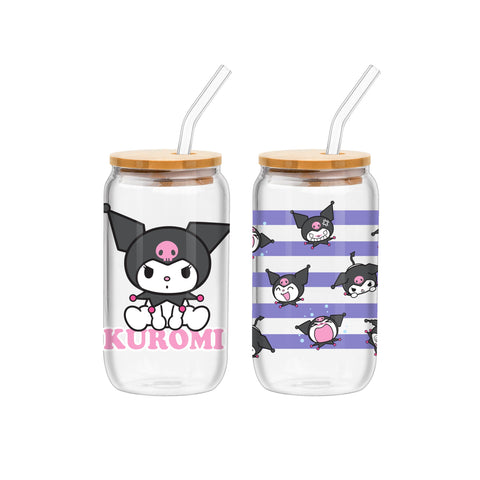 Silver Buffalo Sanrio Hello Kitty and Friends Kuromi 2 Pack Glass Jar Tumbler with Bamboo Lid and Glass Straw, 16 Ounces