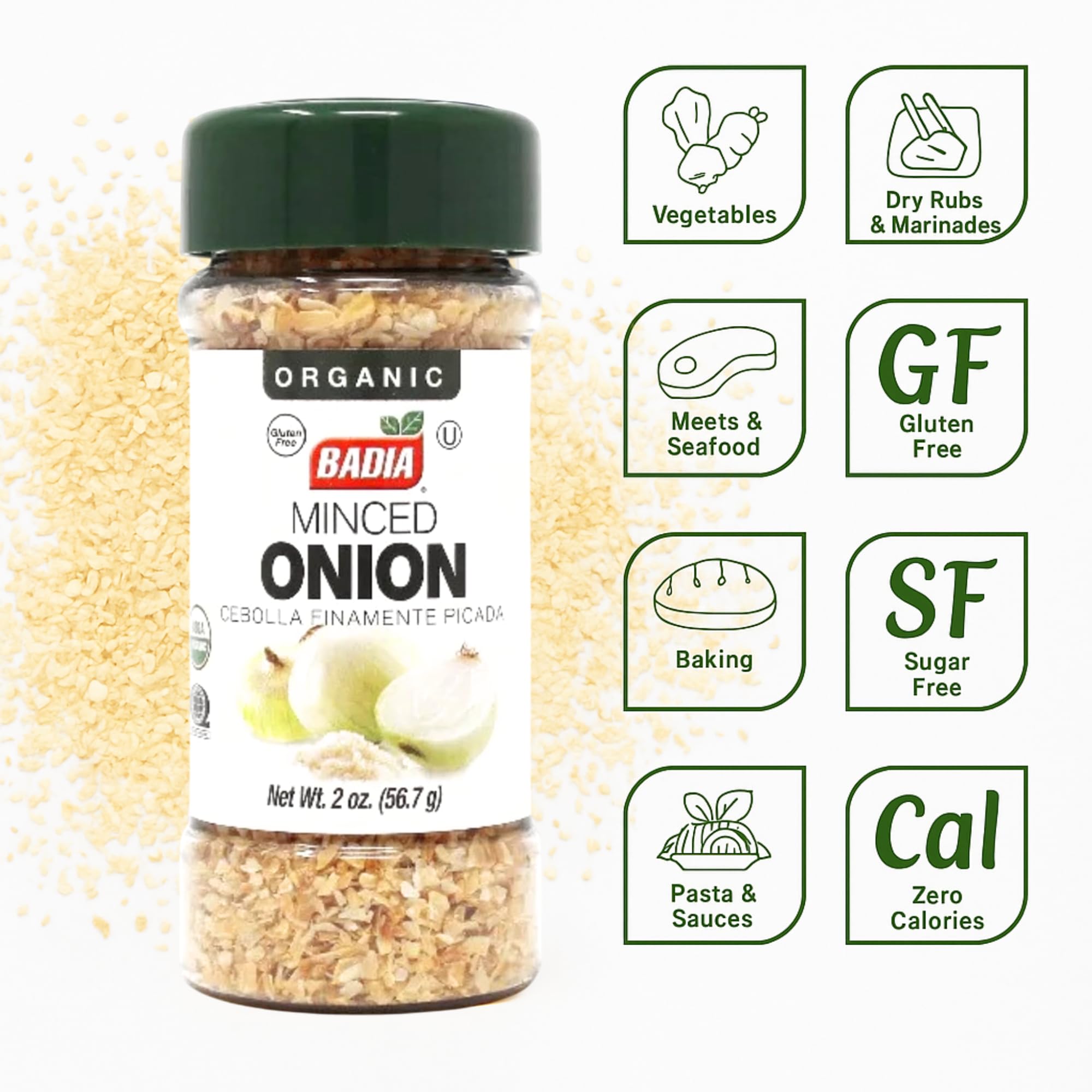 Badia Organic Minced Onion, 2 oz – Dehydrated Onion Flakes for Cooking & Seasoning – Rich, Savory Flavor