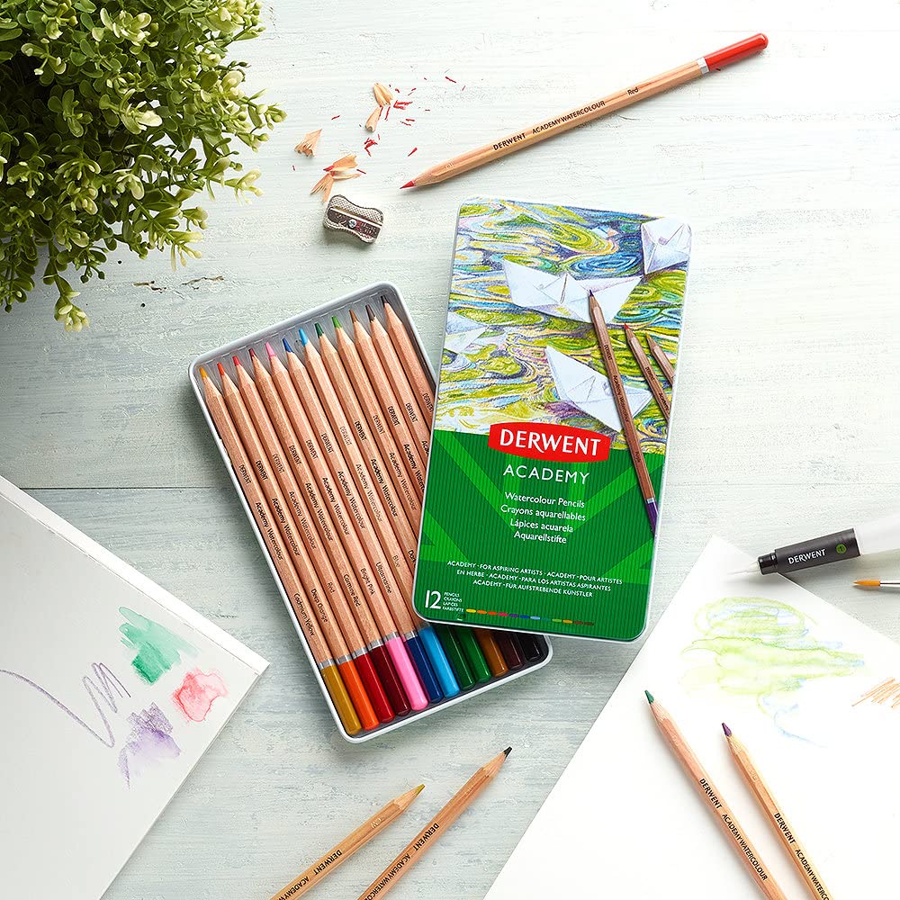 Derwent Academy Watercolor Pencils, 3.3mm Core, Metal Tin, 12 Count (2301941)