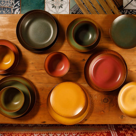 Bloomhouse - Two Time Oprah's Favorite Things Winner - Palermo Sun Double Bowl Stoneware Reactive Glaze Plates and Bowls Dinnerware Set - Paprika Red, Service for Four (16pcs)