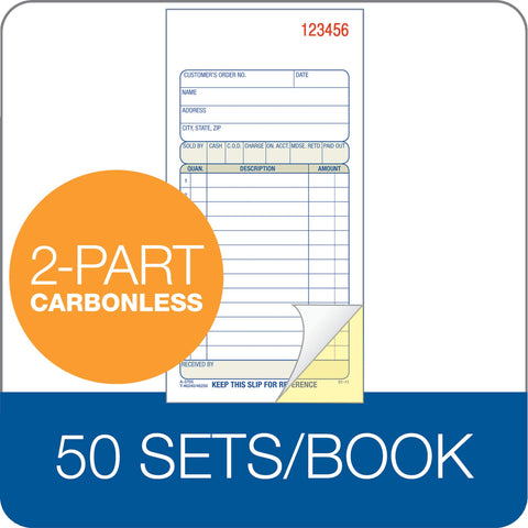 Adams Sales Order Book, 2-Part, Carbonless, White/Canary, 3-11/32 x 7-3/16 Inches, 50 Sets per Book (DC3705)