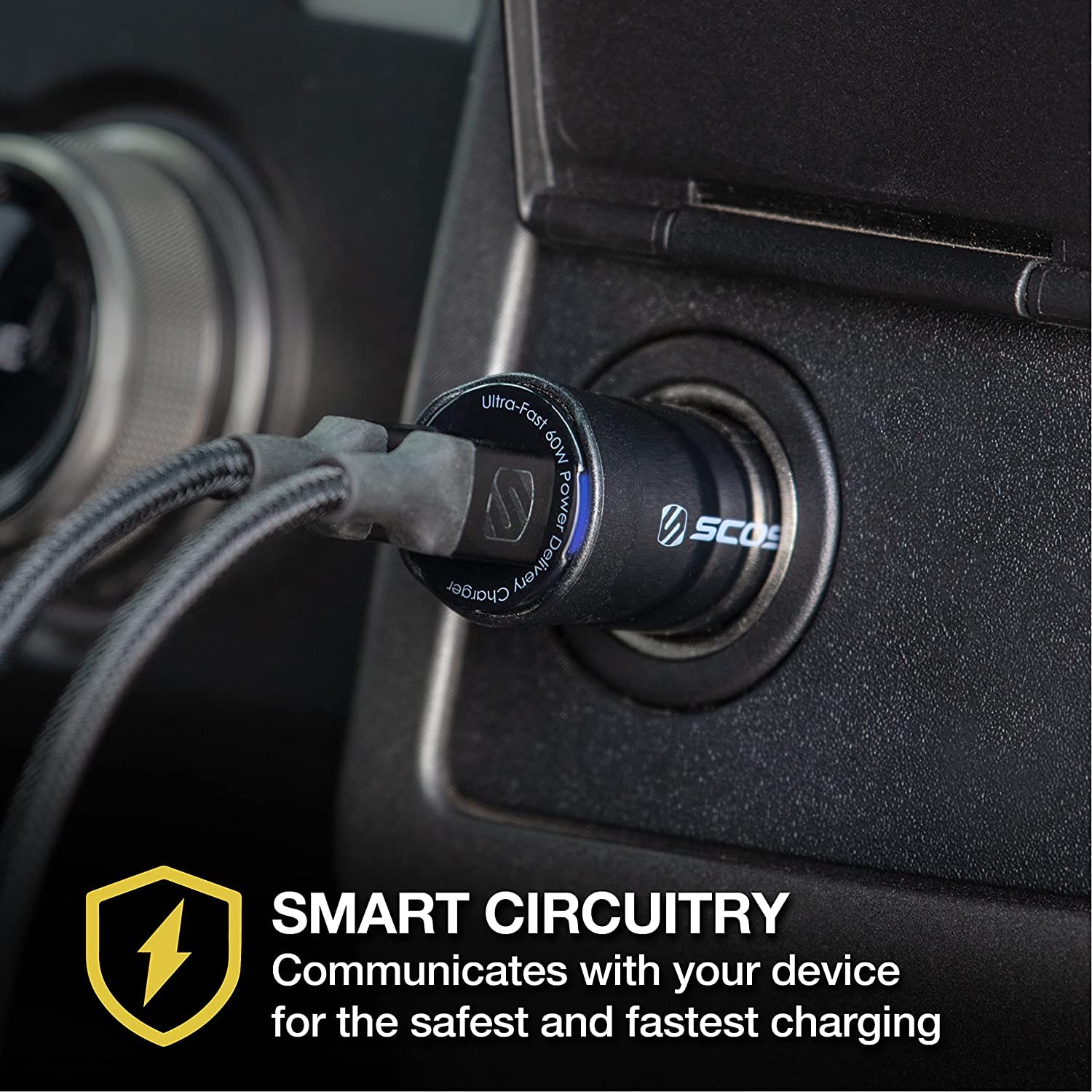 Scosche CPDCC60 PowerVolt 60W Certified Dual USB Type-C + Type-C Fast Car Charger Power Delivery 3.0 with PPS for All USB-C Devices