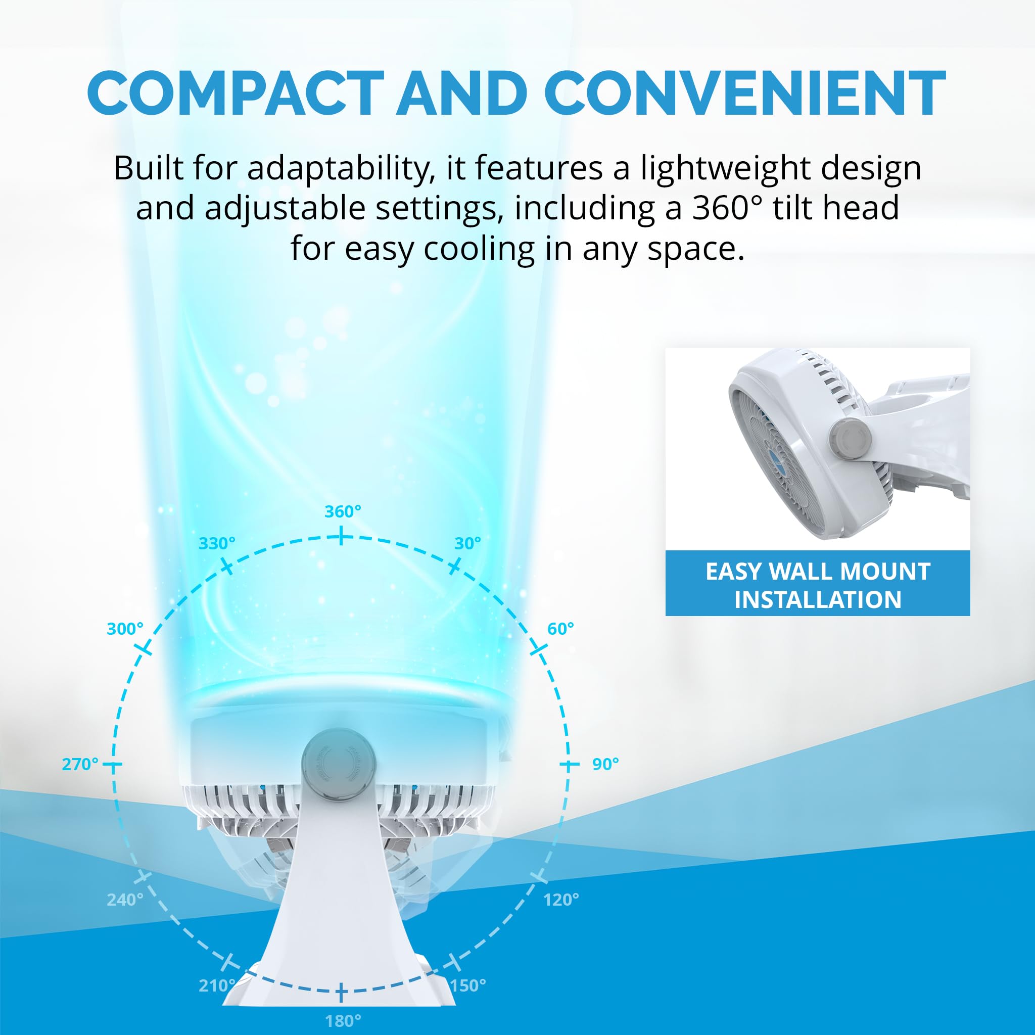 NewAir 12-inch Powerful Air Circulator Portable Fan in White | Wall Mountable, 360° Pivot, Up to 40 ft. of High Air Flow at 1010 CFM, Small Table Desk Fan | Home, Office, Bedroom, White Noise