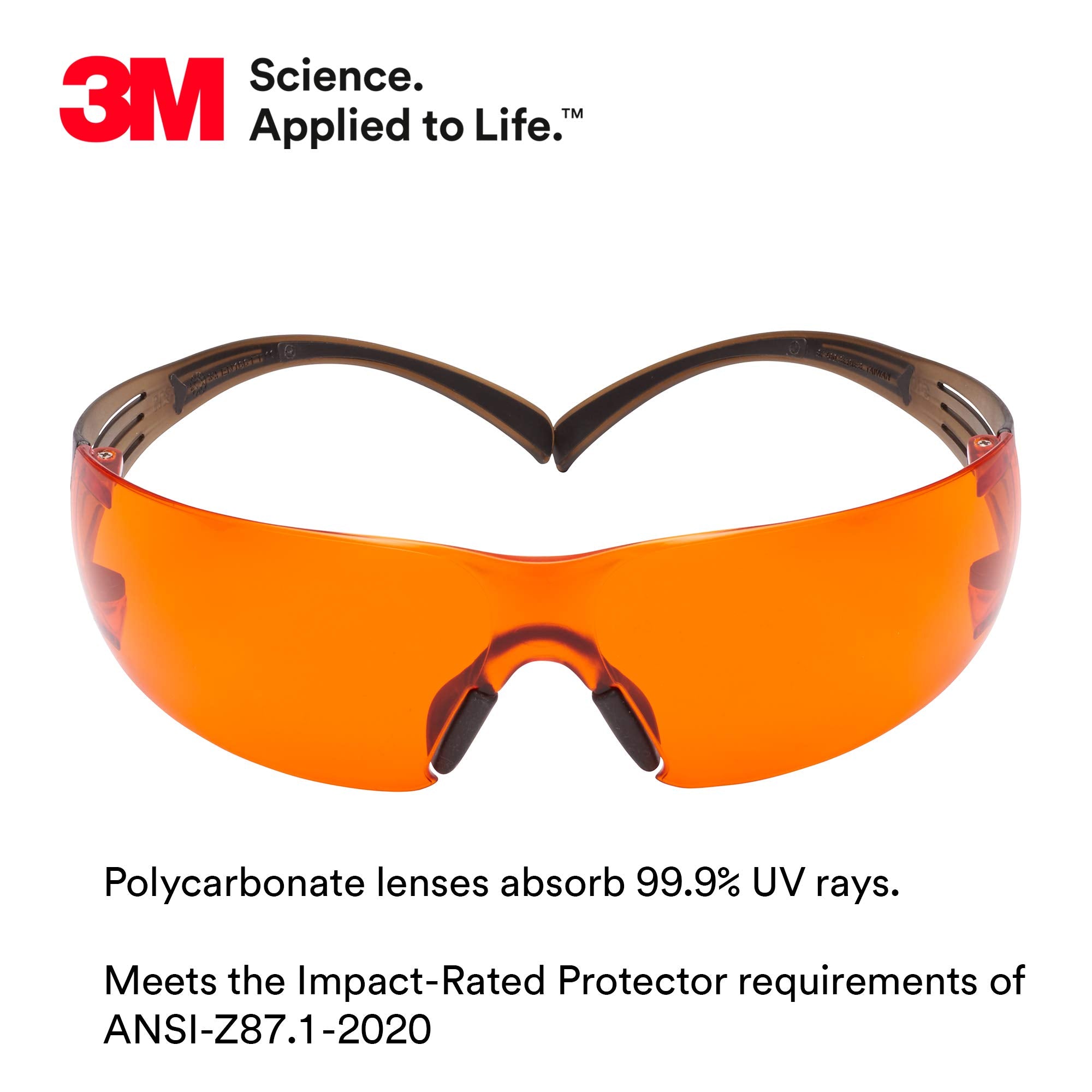 3M Safety Glasses, SecureFit, 20 Pack, ANSI Z87, Scotchgard Anti-Fog Anti-Scratch, Orange Lens, Brown/Black Frame, Flexible Temples