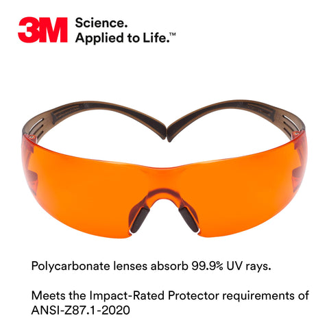 3M Safety Glasses, SecureFit, 20 Pack, ANSI Z87, Scotchgard Anti-Fog Anti-Scratch, Orange Lens, Brown/Black Frame, Flexible Temples
