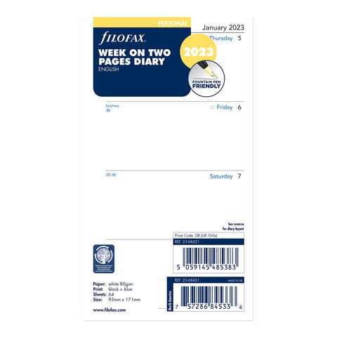 Filofax 68421 For Year 2023 Personal Week On Two Pages Diary Monday Start, White (68421-2018)