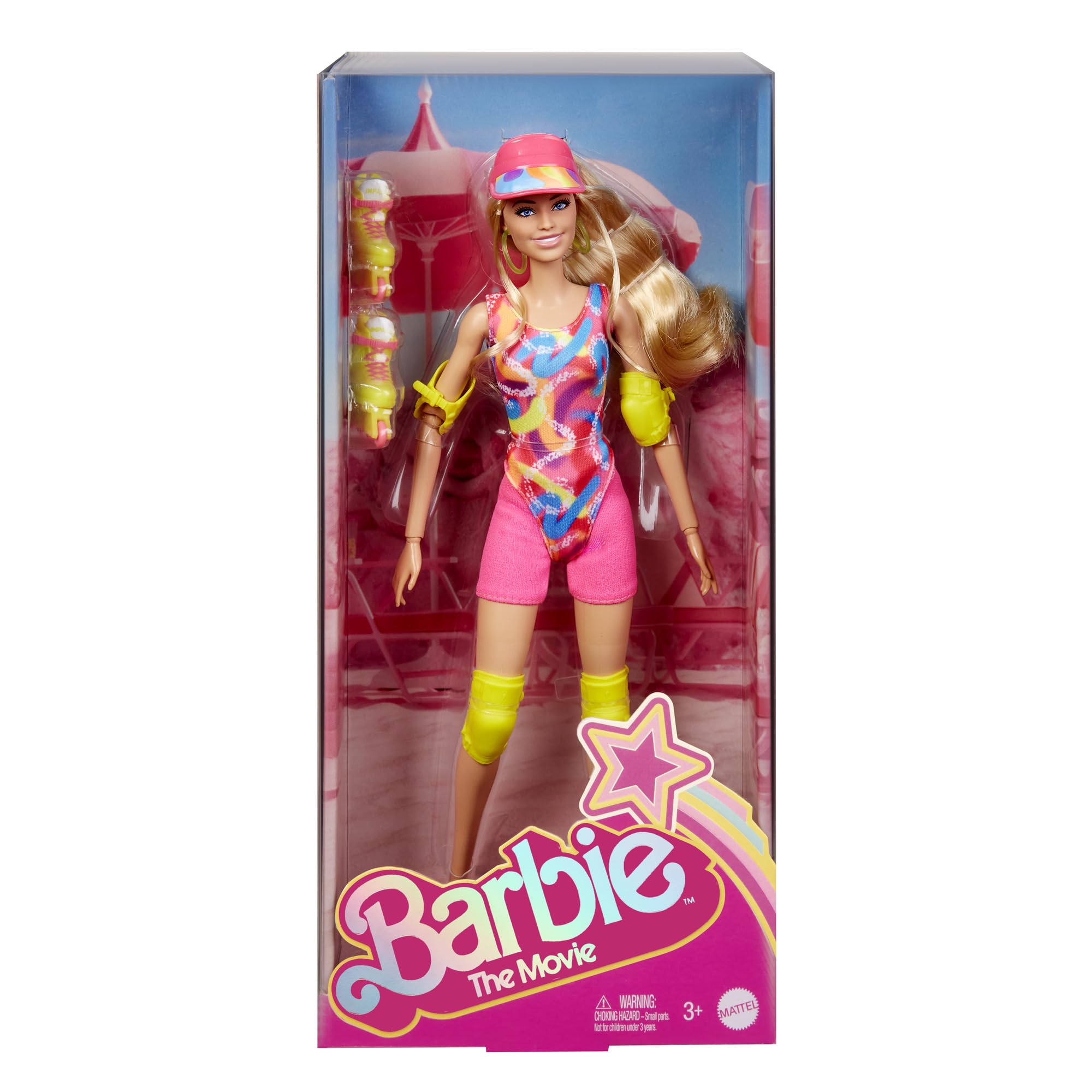 Barbie The Movie Margot Robbie - Skating Doll with Neon Outfit, Retro Gymnastics Suit, Pink Biker Shorts, Sun Shield, Neon Green Hoop Earrings, Skating Equipment, Impala Inline Skates, HRB04