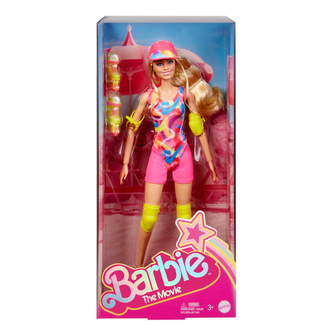 Barbie The Movie Margot Robbie - Skating Doll with Neon Outfit, Retro Gymnastics Suit, Pink Biker Shorts, Sun Shield, Neon Green Hoop Earrings, Skating Equipment, Impala Inline Skates, HRB04