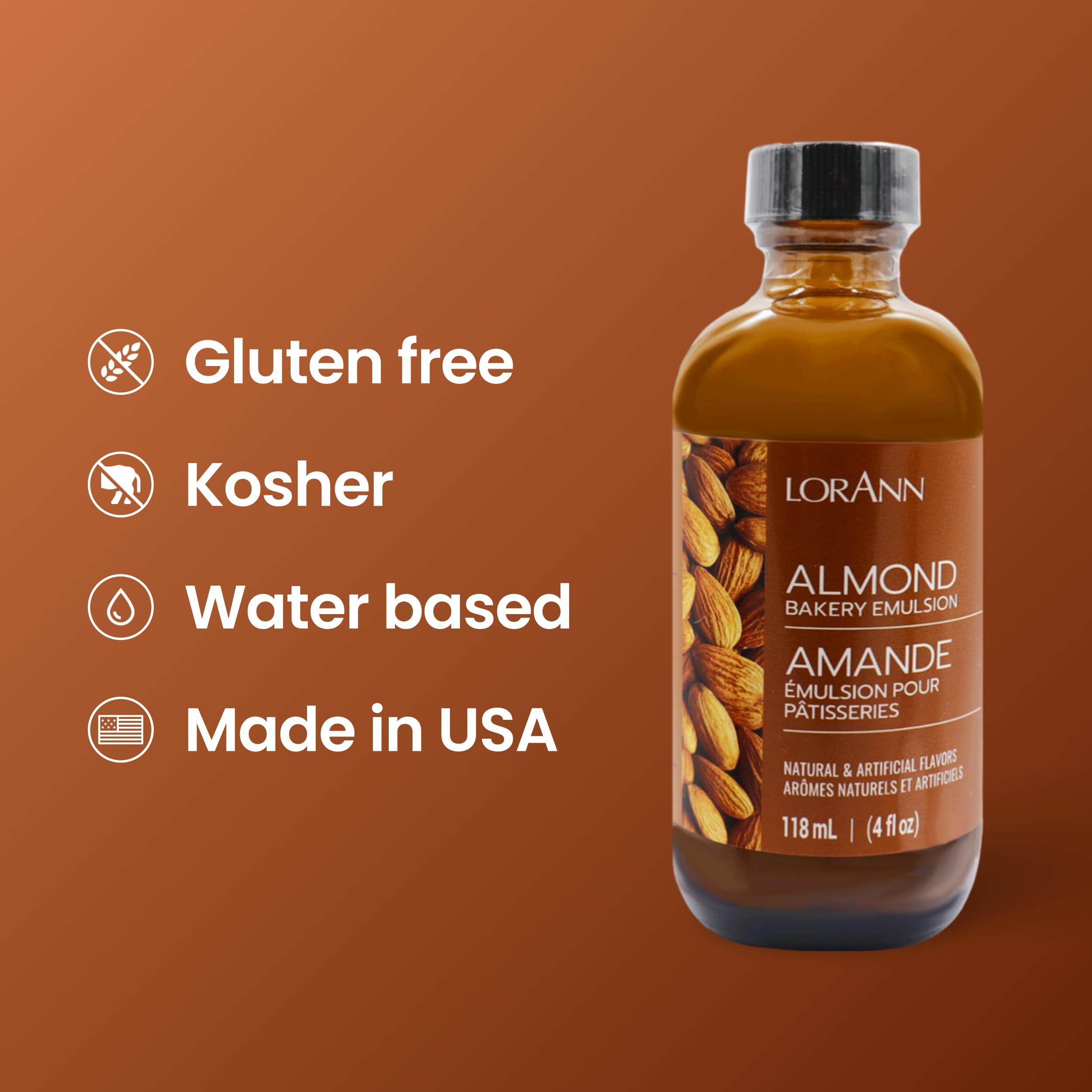 LorAnn Oils Almond Bakery Emulsion: True Essence, Ideal for Boosting Fruit Tones in Cakes, Cookies & Desserts, Gluten-Free, Keto-Friendly, Extract Substitute Essential for Your Kitchen, 4 Oz