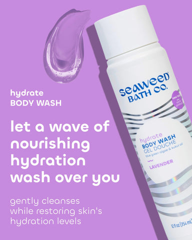 Seaweed Bath Co. Hydrate Body Wash - Lavender - Hydrating Foaming Cleanser with Soothing Natural Ingredients - Vegan, Paraben and Sulfate Free Shower Gel for Men and Women - 12 oz