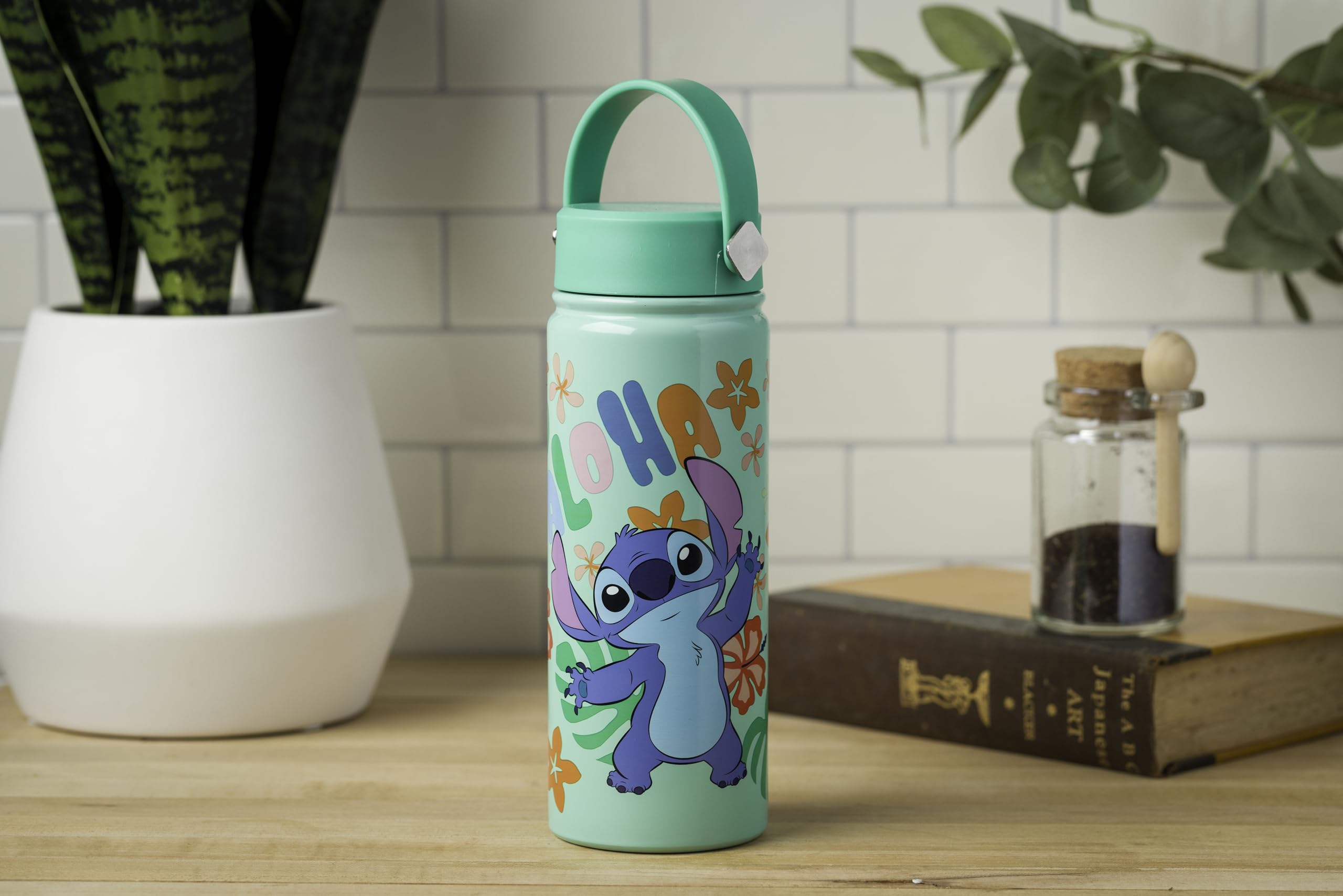 Silver Buffalo Disney Lilo and Stitch “Aloha” Stainless Steel Water Bottle with Swivel Handle, 20 Ounces