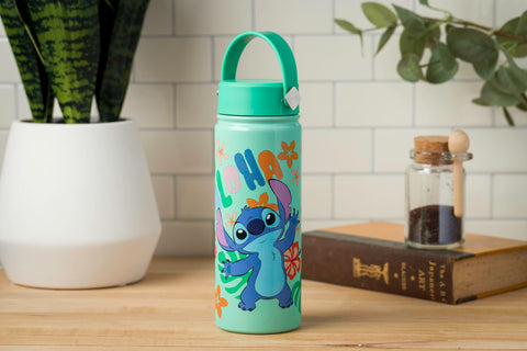Silver Buffalo Disney Lilo and Stitch “Aloha” Stainless Steel Water Bottle with Swivel Handle, 20 Ounces