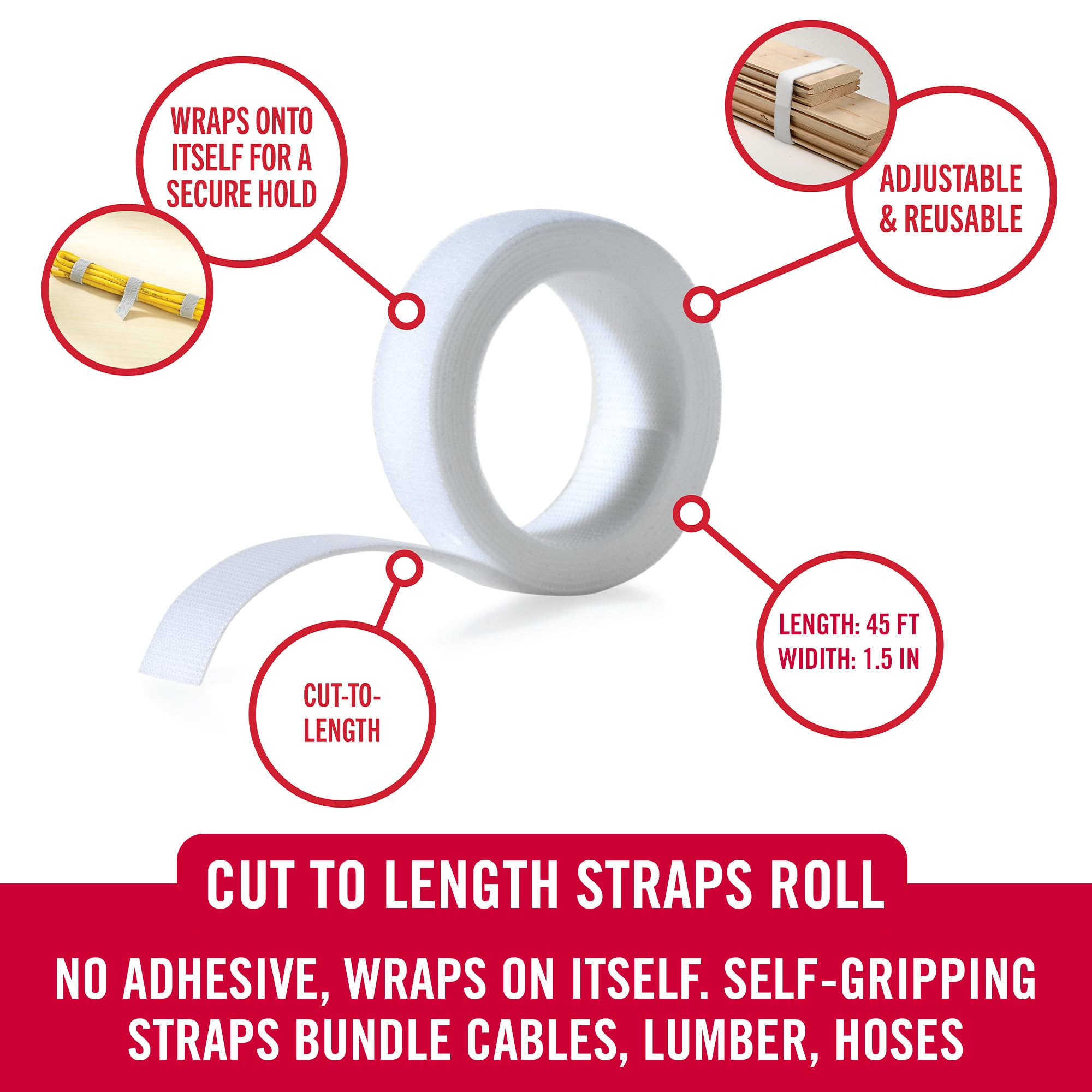VELCRO Brand ONE-WRAP Bundling Ties – Reusable Fasteners for Keeping Cords and Cables Tidy – Cut-to-Length Roll, 45ft x 1 1/2in, White, 91882
