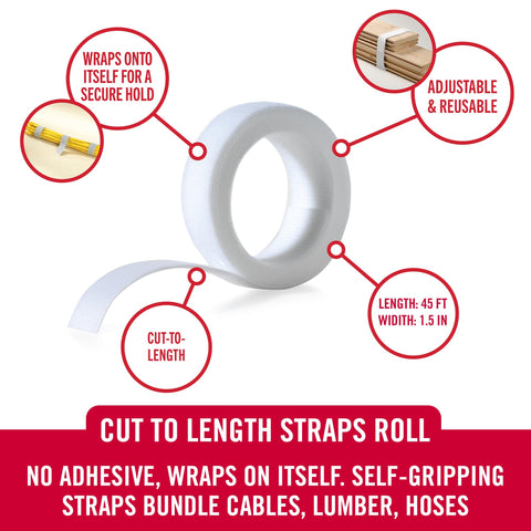 VELCRO Brand ONE-WRAP Bundling Ties – Reusable Fasteners for Keeping Cords and Cables Tidy – Cut-to-Length Roll, 45ft x 1 1/2in, White, 91882