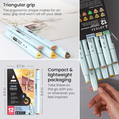 ARTEZA Dual Tip Nylon Brush Pens Set of 12 Earth Tones, EverBlend Watercolor Calligraphy Markers, Water-Based Ink