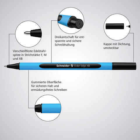 Schneider Slider Edge XB (Extra Broad) Ballpoint Pen, 1.4 mm, Light Blue Barrel, Assorted Ink Colors, Pack of 10 Pens (152290)