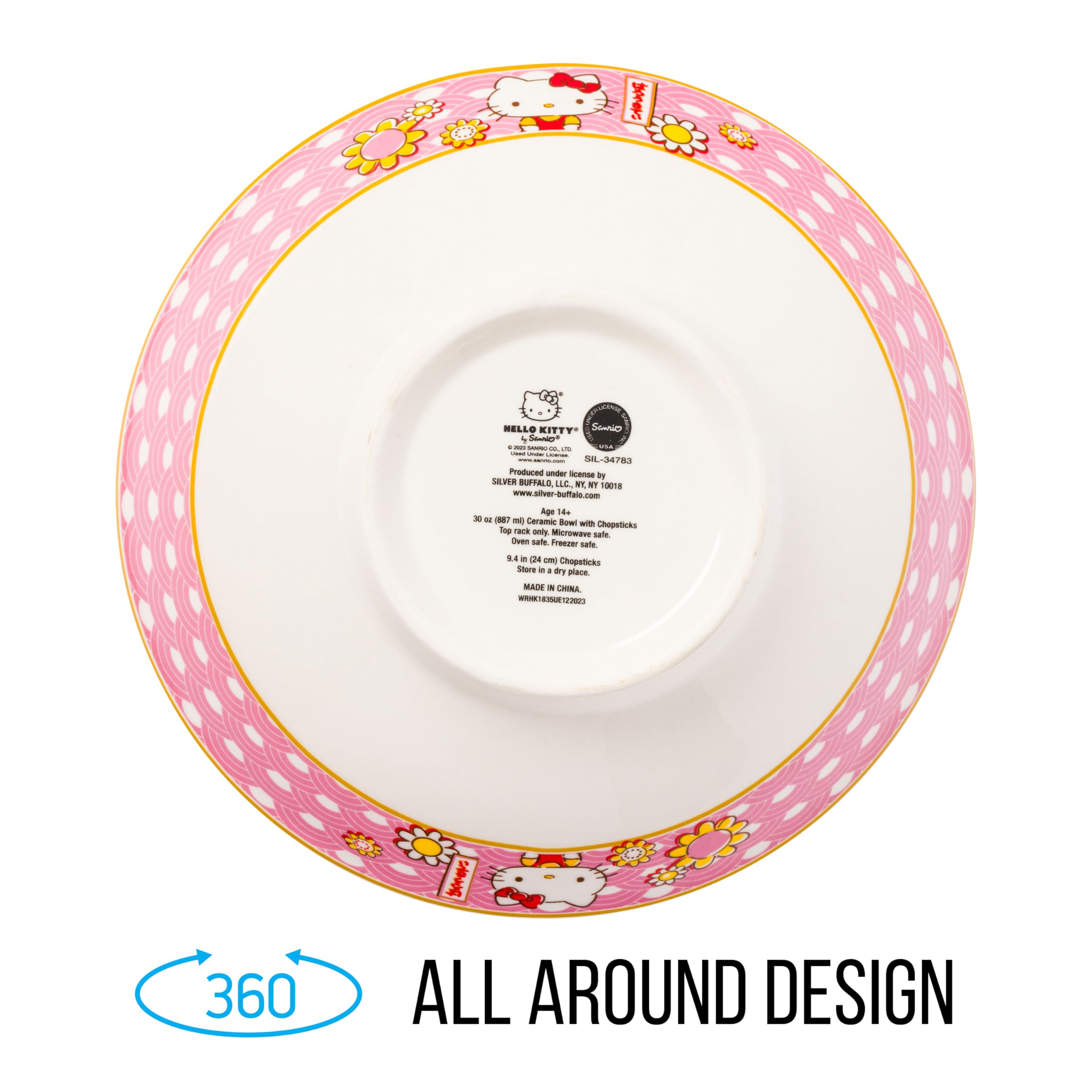 Silver Buffalo Sanrio Hello Kitty Pink and Gold Japanese Pattern with Flowers Ceramic Ramen Noodle Rice Bowl with Chopsticks, Microwave Safe, 30 Ounces