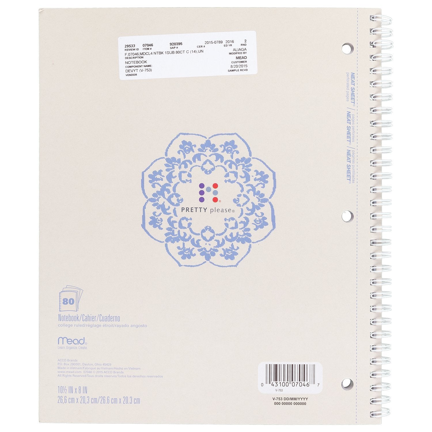 Mead Spiral Notebook, College Ruled, 80 Sheets, 9" x 10-1/2", Pretty Please, Design Selected For You May Vary (07046)
