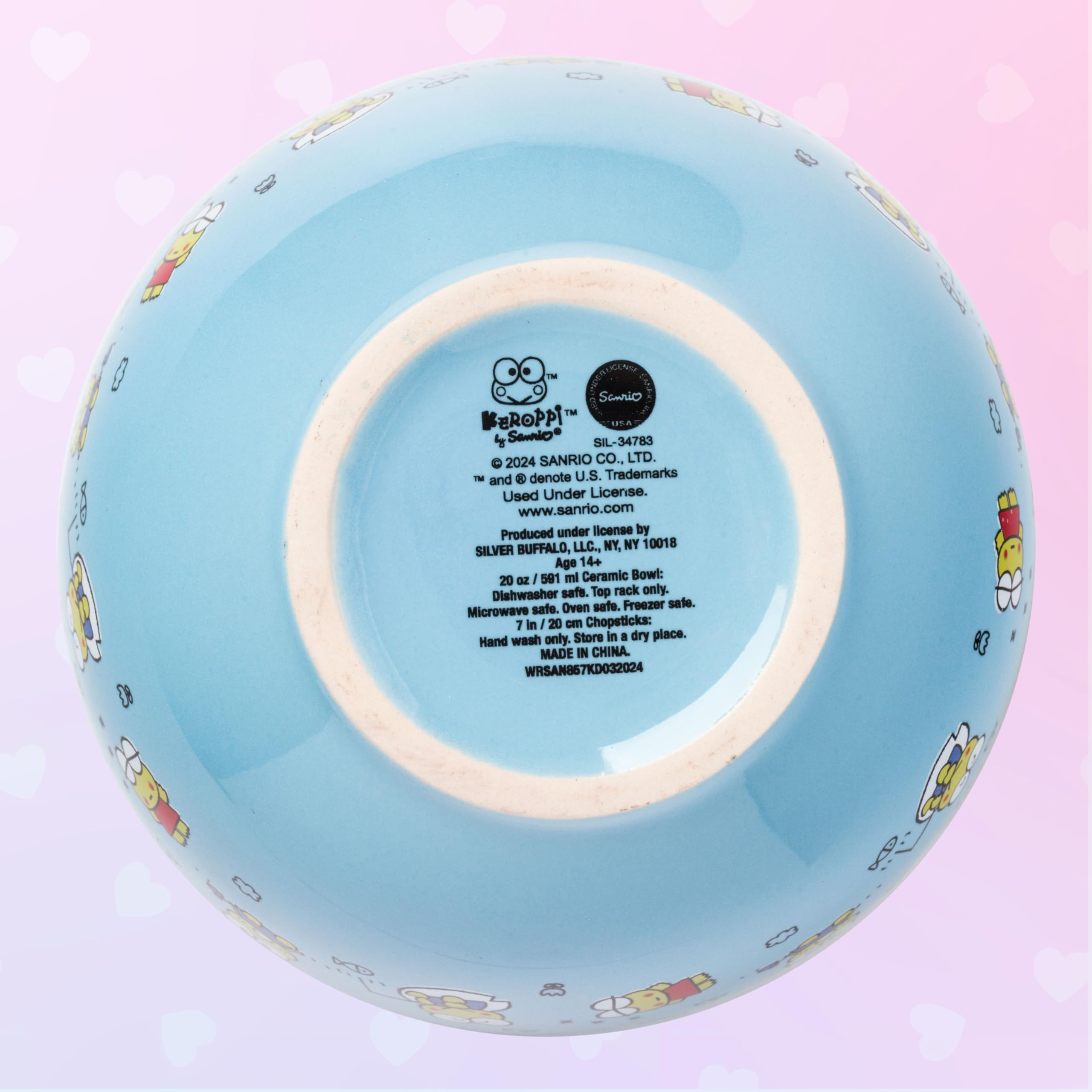 Silver Buffalo Sanrio Hello Kitty and Friends Keroppi Fishing and Doodling Ceramic Ramen Noodle Rice Bowl with Chopsticks, Microwave Safe, 20 Ounces