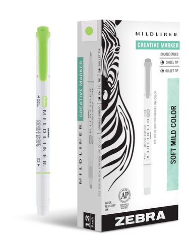 Zebra Pen Mildliner Dual-Tip Highlighters, Broad and Fine Tips, Ideal for Bible Highlighting, No Bleed, School Supplies, Teacher Supplies, and Office Supplies, Mild Green Ink, 12-Pack (78140upc)