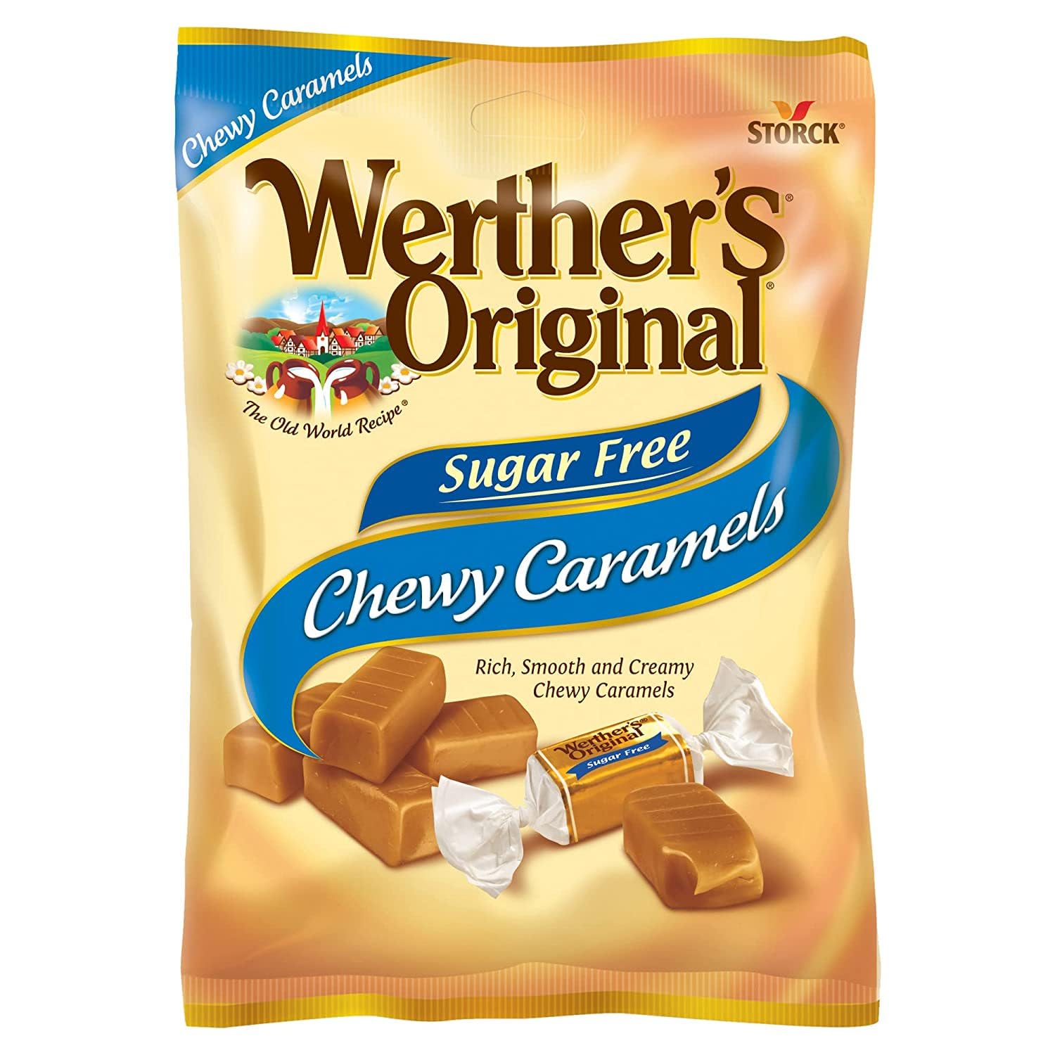 Werther's Original Chewy Caramels Sugar Free Candies - Individually Wrapped Soft & Chewy Candy Pieces, Sweets for Parties or Holidays - 2.75 oz Bags (Pack of 4)