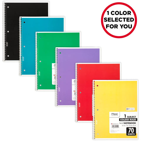 Mead Spiral Notebook, 1 Subject, College Ruled Paper, 70 Sheets, 10-1/2" x 7-1/2", Assorted Colors (05512)