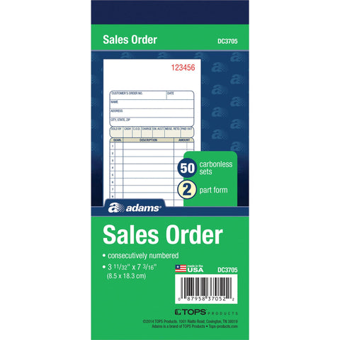 Adams Sales Order Book, 2-Part, Carbonless, White/Canary, 3-11/32 x 7-3/16 Inches, 50 Sets per Book (DC3705)