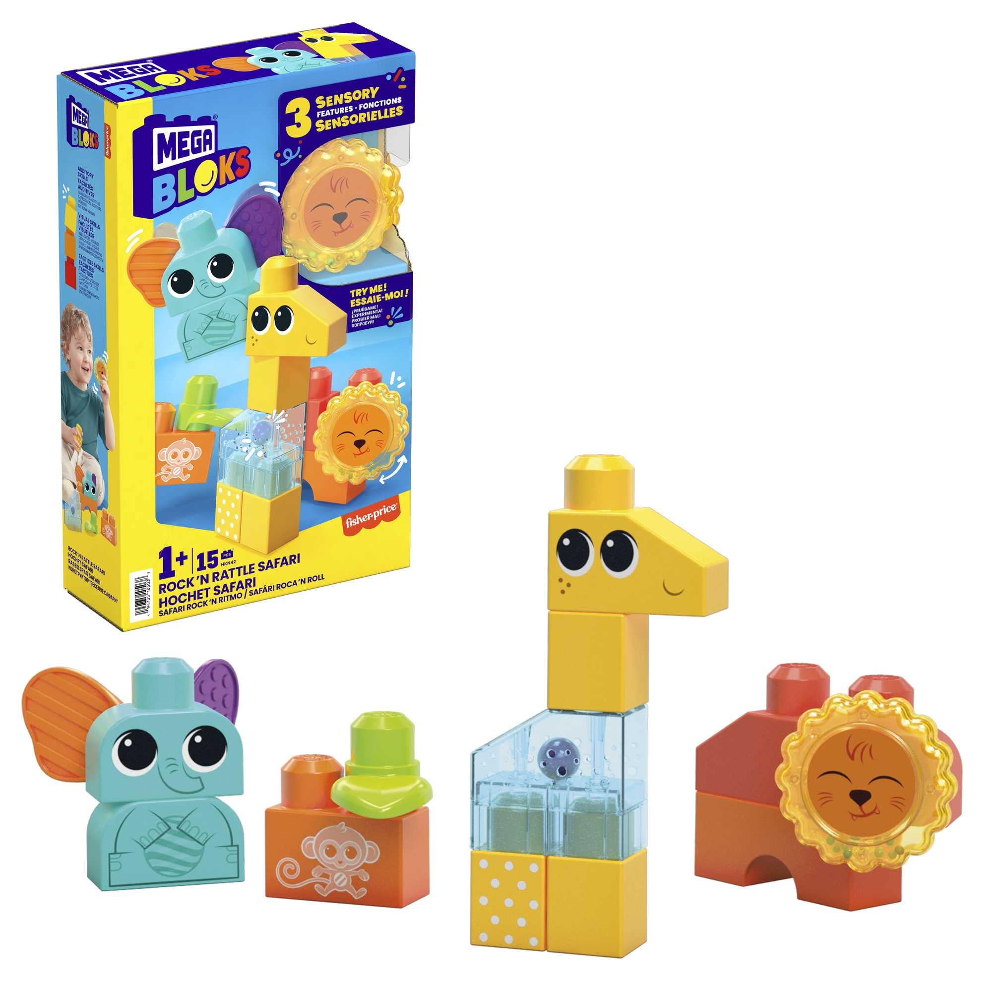 MEGA BLOKS Fisher-Price Toddler Building Blocks Toy Set, Rock ‘n Rattle Safari with 15 Pieces, 3 Buildable Animals, Ages 1+ Years