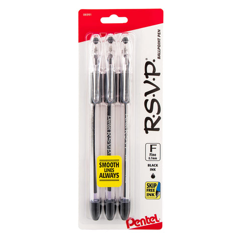 Pentel RSVP Ballpoint Pen, (0.7mm), Fine Line, Black Ink (BK90BP3A) (Pack of 1, 3 Count Total)