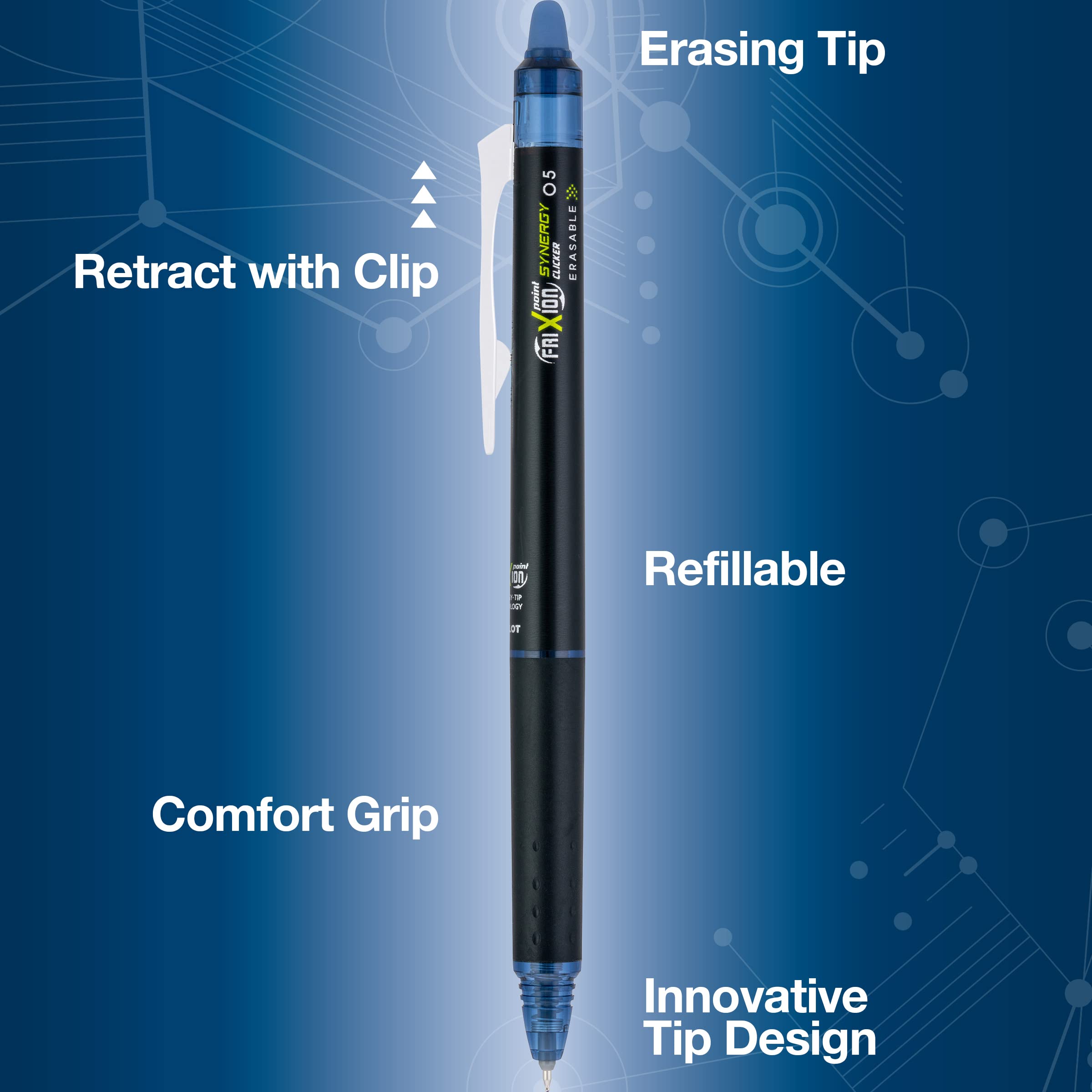 PILOT Frixion Point Synergy Clicker Retractable & Erasable Gel Ink Pens, 0.5mm Extra Fine Point, Assorted Colors, 3-pack