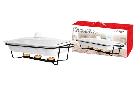 Le Regalo Stoneware 3-Piece Baking Dish, Glass Lid and Metal Stand, Bake and Server Food Warmer Set, Oven, Dishwasher and Freezer